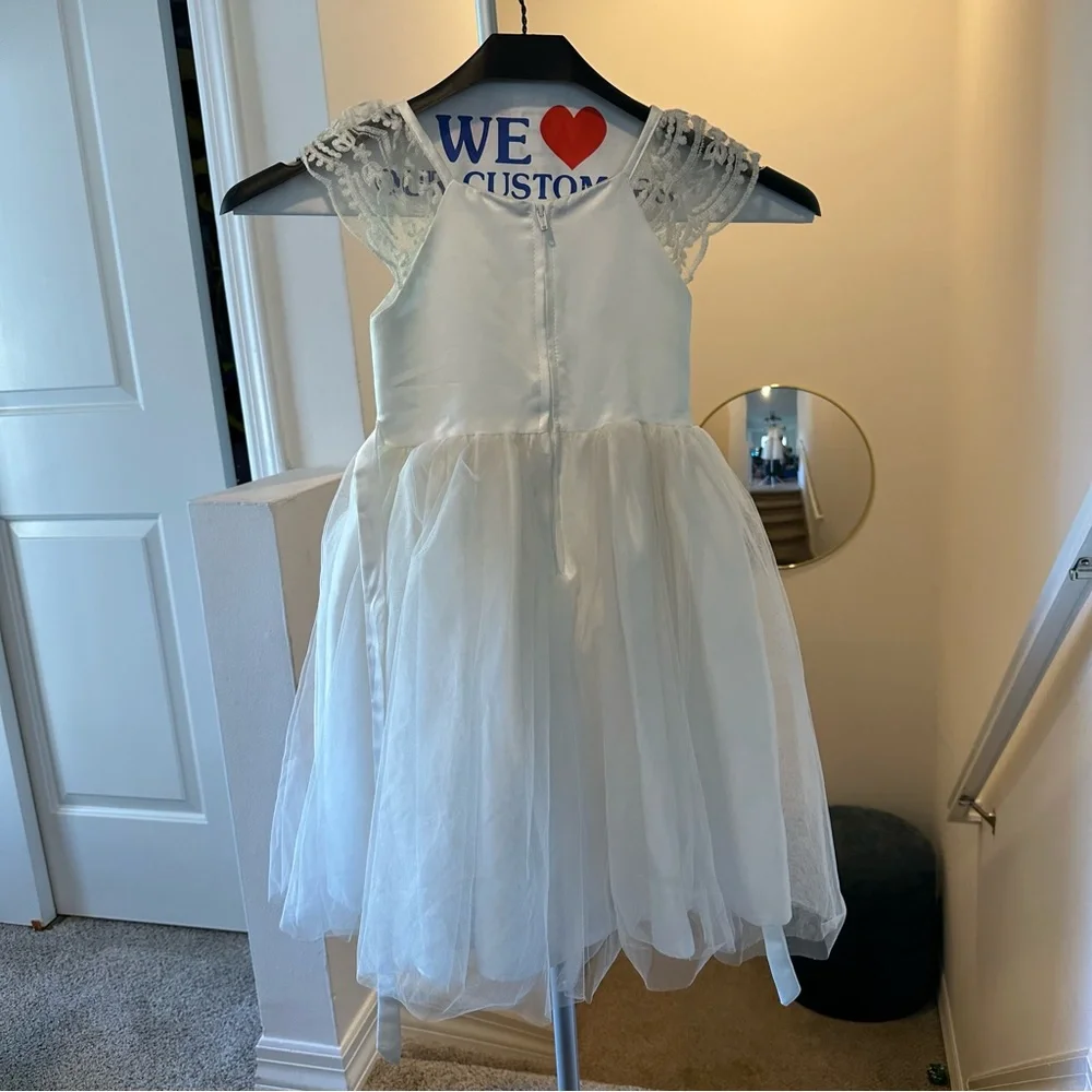 Biscotti Collezioni Flower Girl White Dress with Lace Shoulder Detail